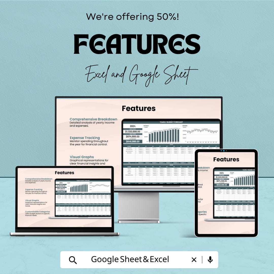Yearly Budget Forecast Template, Annual Budget Planner, Excel & Google Sheets Budget Spreadsheet, Business Finance Tracker