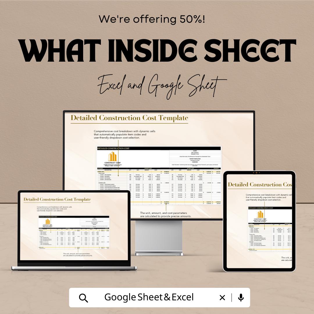 Detailed Construction Cost Template | Construction Budget Spreadsheet | Cost Breakdown and Variance | Excel & Google Sheets
