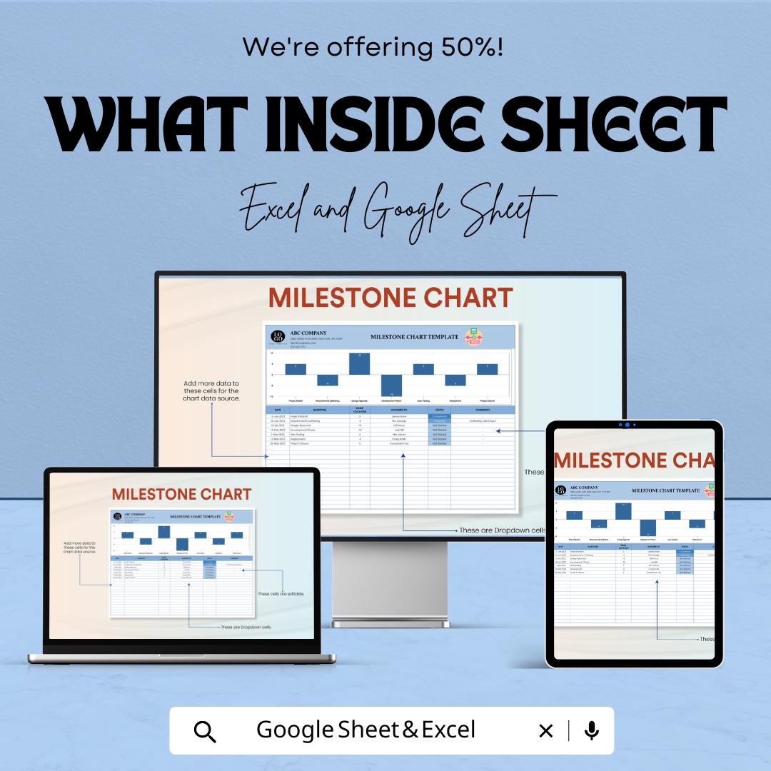 Milestone Chart Sheet for Excel & Google Sheets - 50% Off - Track Project Milestones and Goal