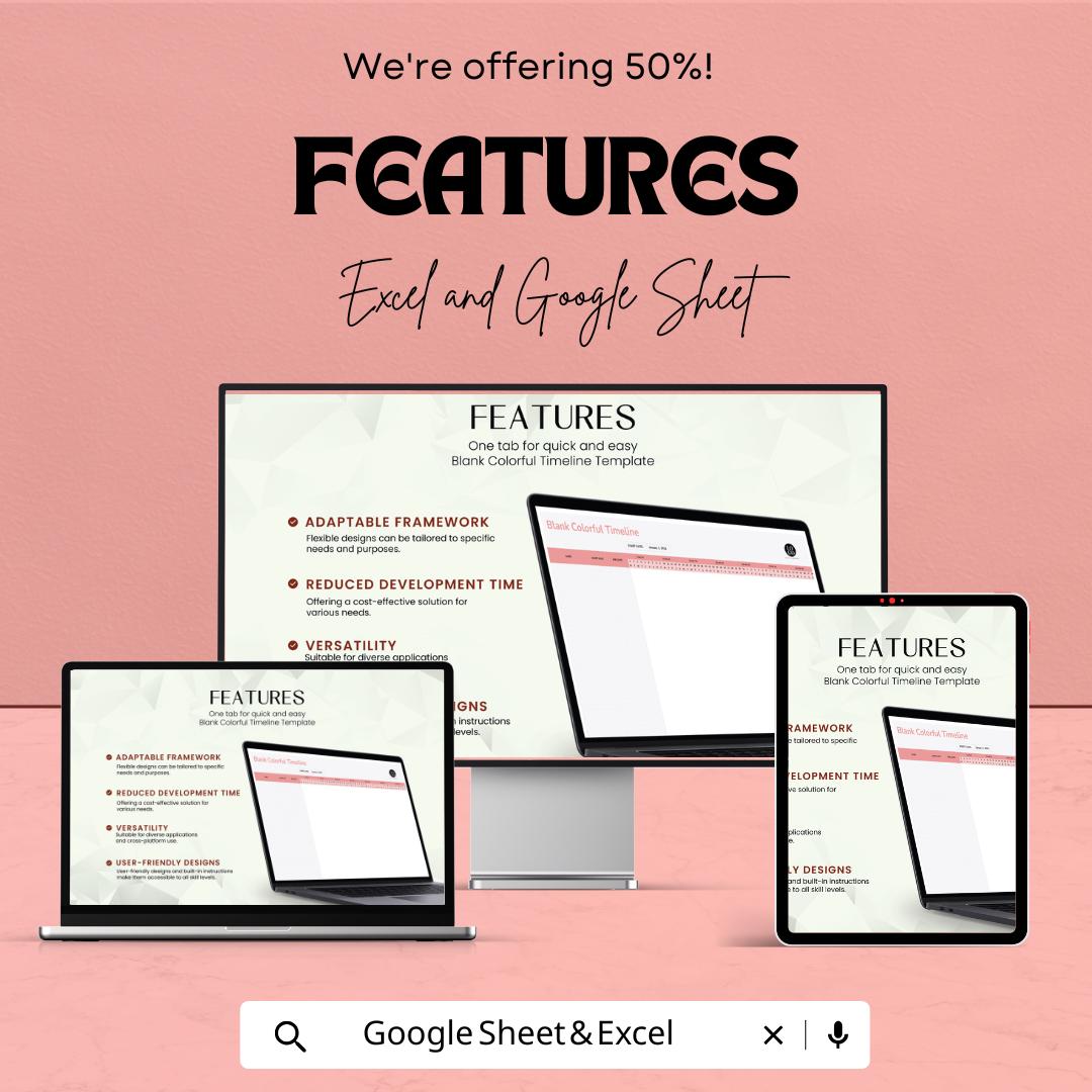 Blank Colorful Timeline Template | Excel & Google Sheet Planner | Project Schedule | Editable Chronological Tracker