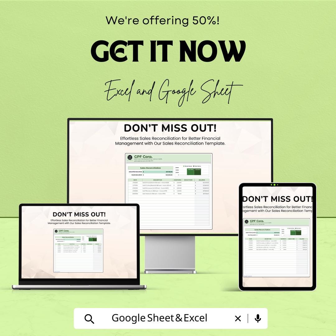 Sales Reconciliation Sheet Template for Excel and Google Sheets | Financial Management Spreadsheet | Track Sales, Additions & Deductions |
