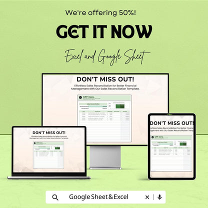 Sales Reconciliation Sheet Template for Excel and Google Sheets | Financial Management Spreadsheet | Track Sales, Additions & Deductions |