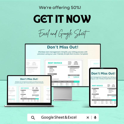 Simple Rent Invoice Sheet | Excel & Google Sheets Template | Rent Billing Template