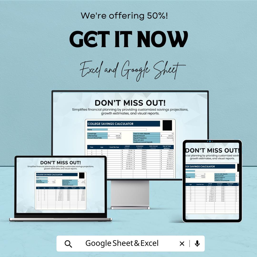 College Savings Calculator | Savings Planner | Education Fund Calculator | Future Tuition Planning Spreadsheet | Savings Growth Tool
