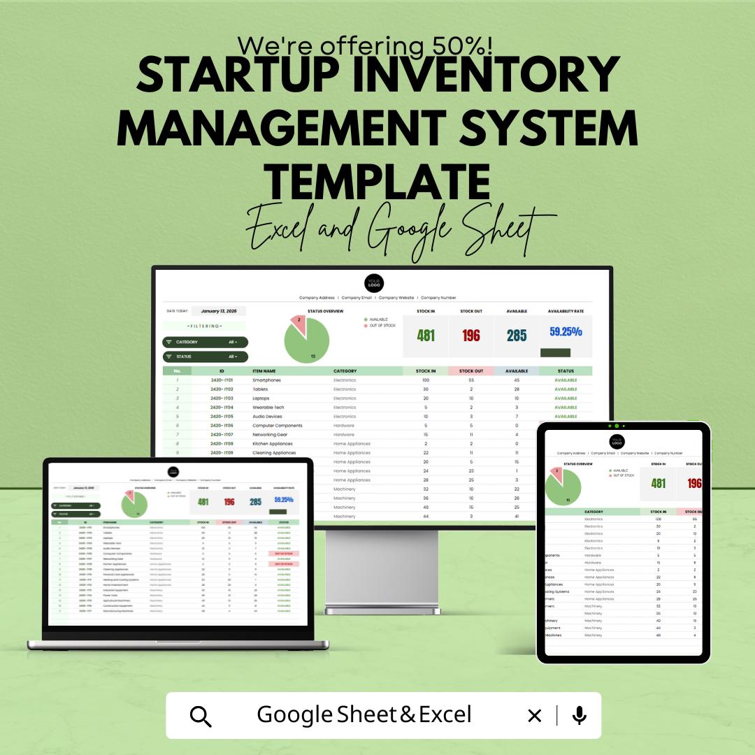 Startup Inventory Management System Template | Inventory Dashboard and Stock Tracker | Excel & Google Sheets