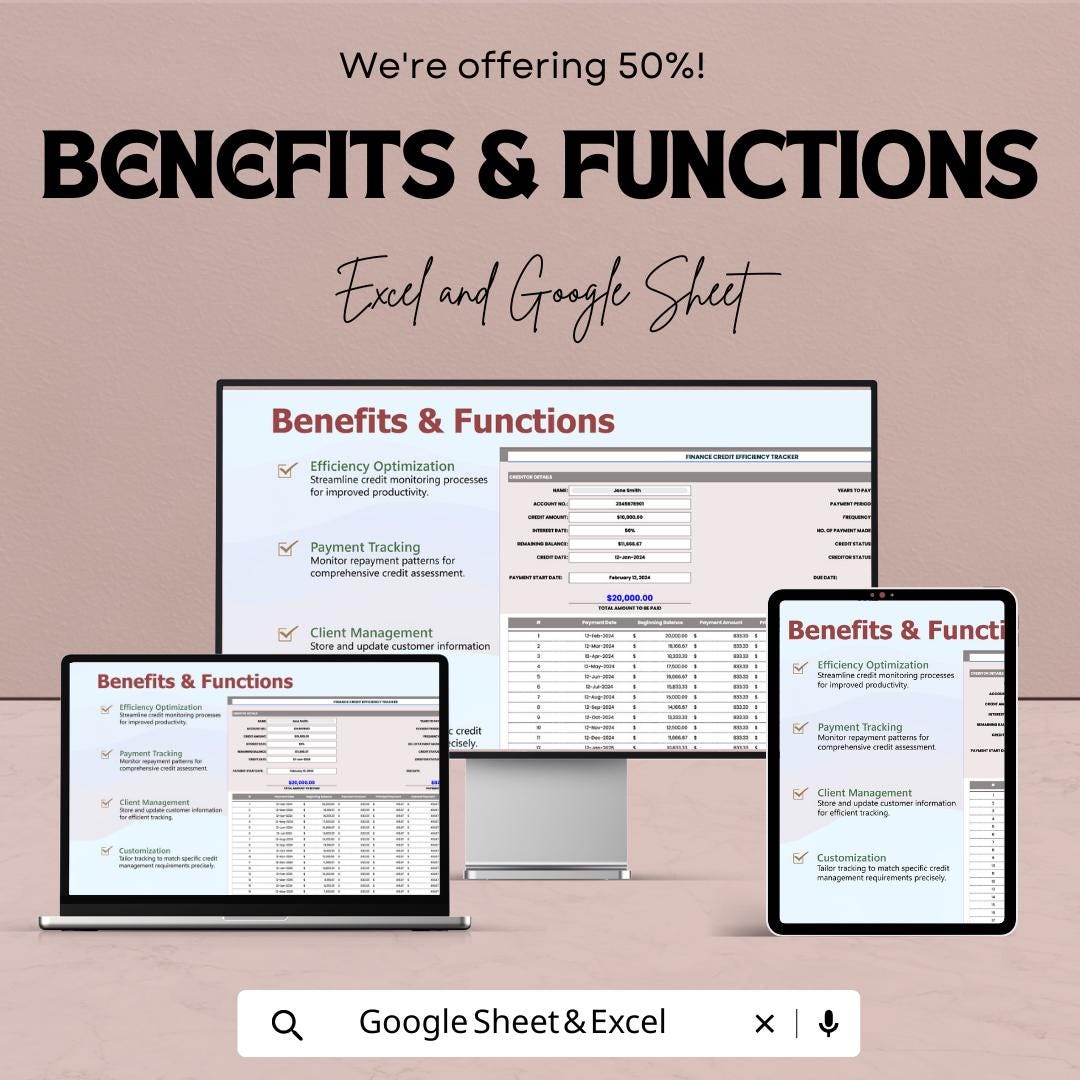 Finance Credit Efficiency Tracker Template | Loan Payment Trackers | Credit Monitoring Spreadsheet | Debt Amortization Schedule