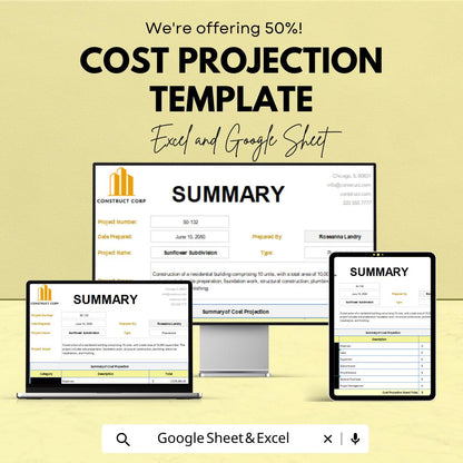 Cost Projection Template | Construction Cost Estimate Spreadsheet | Direct and Indirect Cost Calculator | Project Cost Summary Template