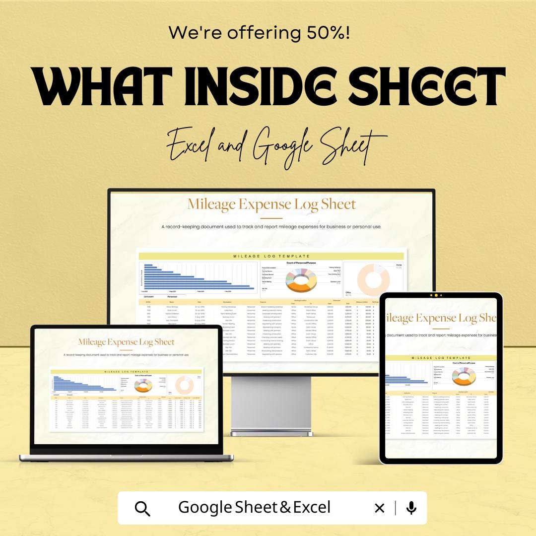 Mileage Expense Log Sheet – Track and Calculate Business/Personal Mileage | Excel & Google Sheet Template