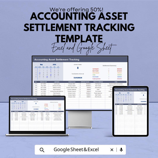 Accounting Asset Settlement Tracking Template | Asset Payment Tracker | Settlement Calendar & Summary