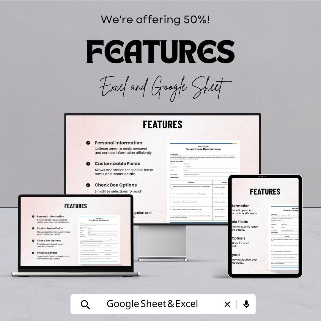 Tenant-Lease Questionnaire Sheet | Excel & Google Sheet | Tenant Information Form | Lease Agreement Form | Rental Management Tool