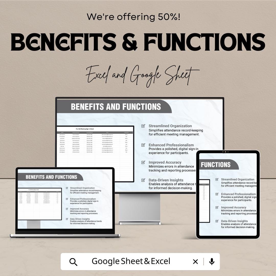 Pre-Bid Meeting Sign-In Sheet | Excel and Google Sheet | Efficient Attendance Tracker for Bids | Customizable & Exportable |