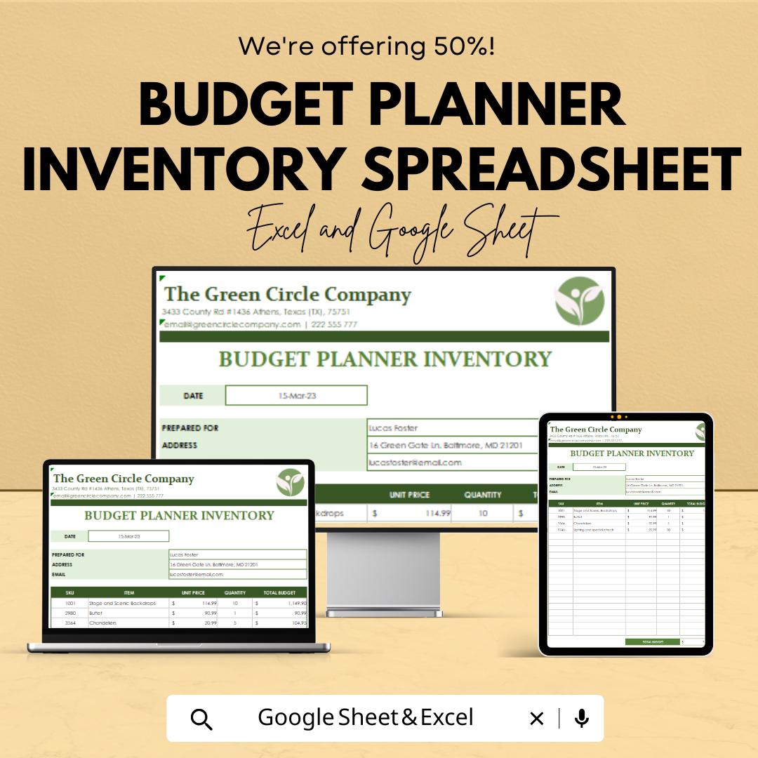 Budget Planner Inventory Spreadsheet - Expense Tracking, Income Management, Budget Optimization - Excel & Google Sheet Template