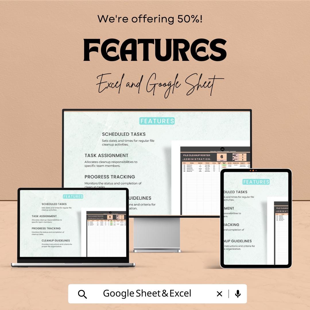 Administration File Cleanup Roster Template | File Management Tracker | Office Organization Spreadsheet | Document Cleanup Log