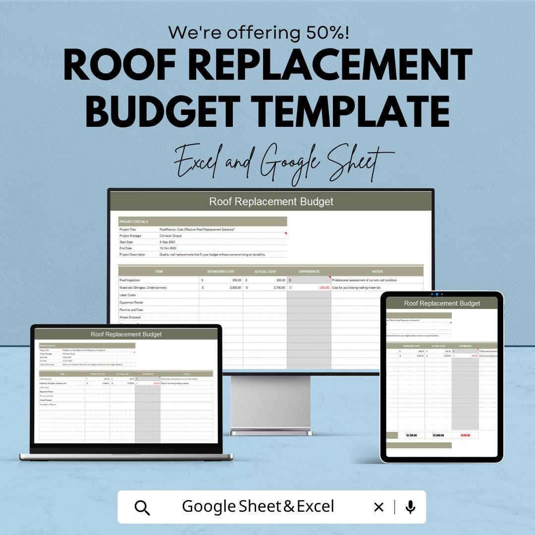 Roof Replacement Budget Template | Roofing Cost Estimator Spreadsheet | Roof Project Budget Planner | Excel & Google Sheets |
