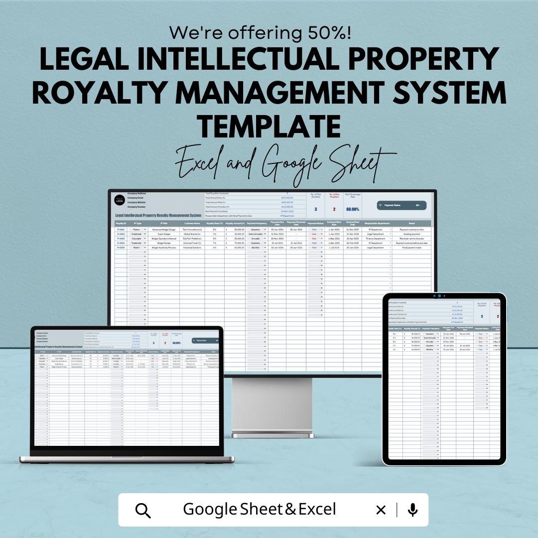 Legal IP Royalty Management Template, Intellectual Property Royalty Tracker, License Payment Spreadsheet, Legal Royalty System