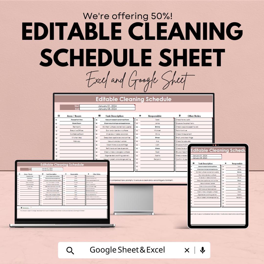 Editable Cleaning Schedule Sheet | Google Sheets and Excel Template | Customizable Cleaning Planner | Task & Duty Management |