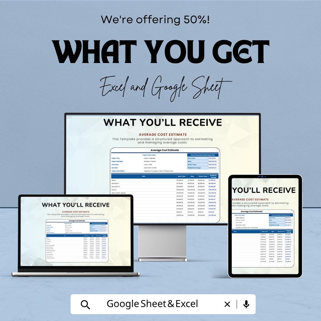 Average Cost Estimate Template | Project Cost Estimator Spreadsheet | Budget Planning Template | Cost Analysis Sheet