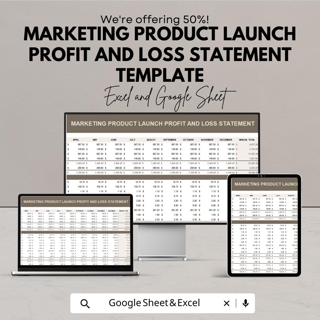 Marketing Product Launch Profit and Loss Statement Template | Excel & Google Sheets | Business Budget Planner, Financial Tracker