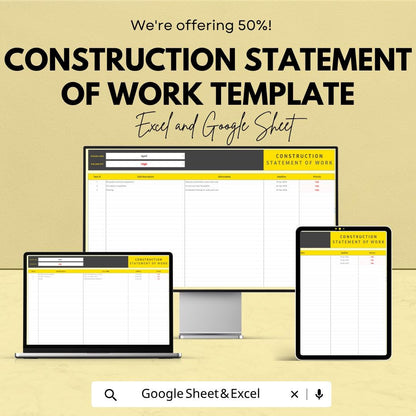 Construction Statement of Work Template | SOW Template | Project Scope Tracker | Construction Planner | Task & Timeline Sheet