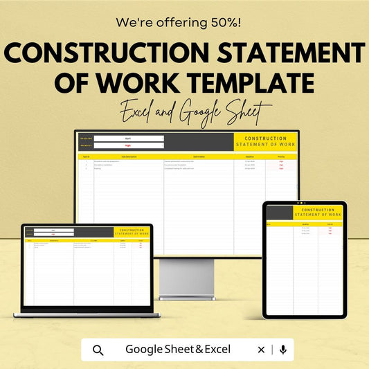 Construction Statement of Work Template | SOW Template | Project Scope Tracker | Construction Planner | Task & Timeline Sheet