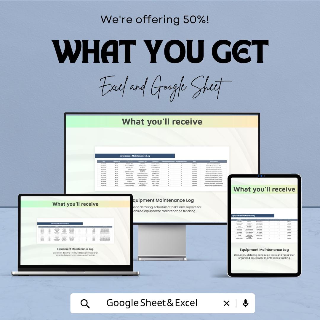 Equipment Maintenance Log Template | Preventive Maintenance Checklist | Maintenance Record Sheet | Excel & Google Sheets | Equipment Service
