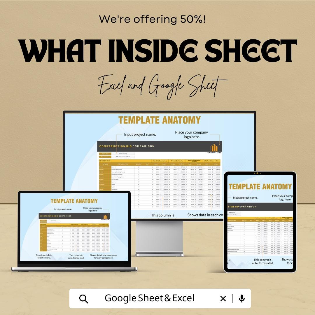 Construction Bid Comparison Template | Contractor Estimate Sheet | Project Cost Analysis | Construction Budget Tool