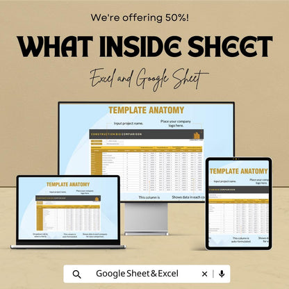 Construction Bid Comparison Template | Contractor Estimate Sheet | Project Cost Analysis | Construction Budget Tool