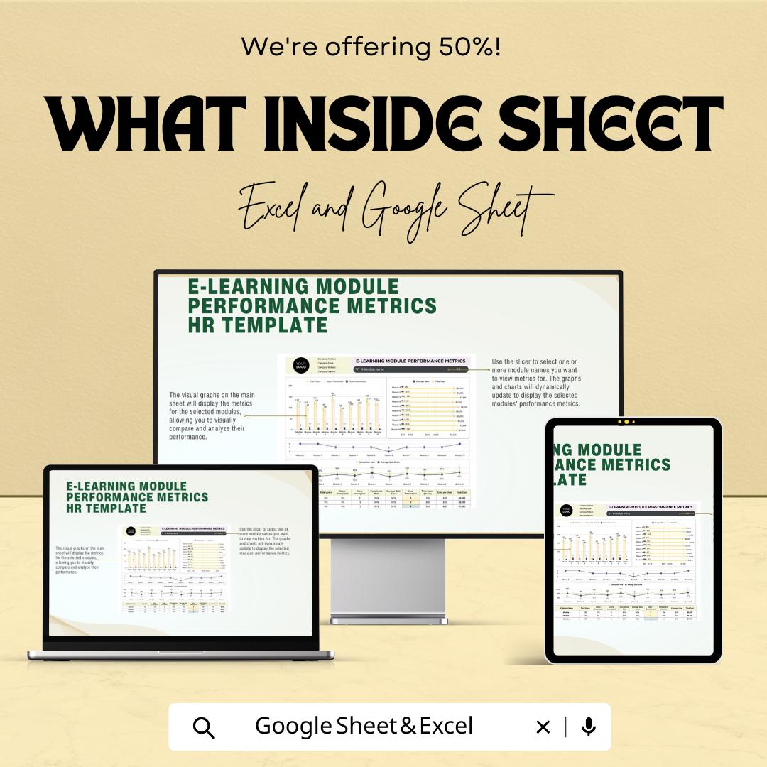 E-Learning Module Performance Metrics HR Template | Training Evaluation Dashboard | LMS Analytics Spreadsheet | Excel & Google Sheets