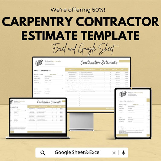 Carpentry Contractor Estimate Template | Construction Estimate Spreadsheet | Woodworking Quote Template | Excel & Google Sheets |