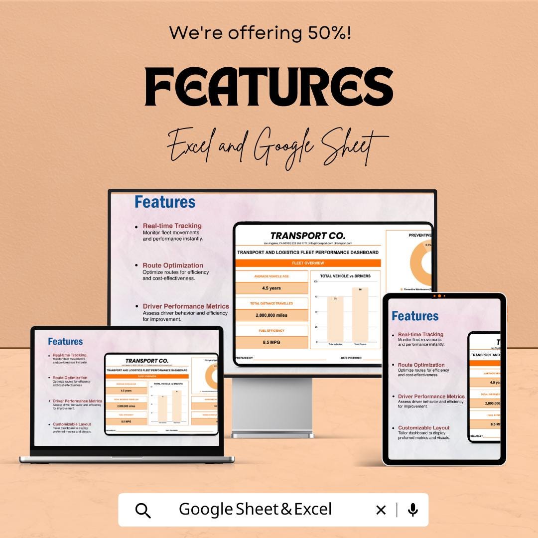 Fleet Performance Dashboard | Transport  and ogistics Analytics Spreadsheet | Vehicle KPI Tracker | Google Sheets & Excel Template