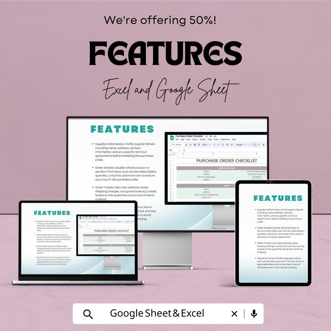 Purchase Order Checklist Template | Google Sheets & Excel | Procurement Form | Order Tracking Sheet | Editable Instant Download