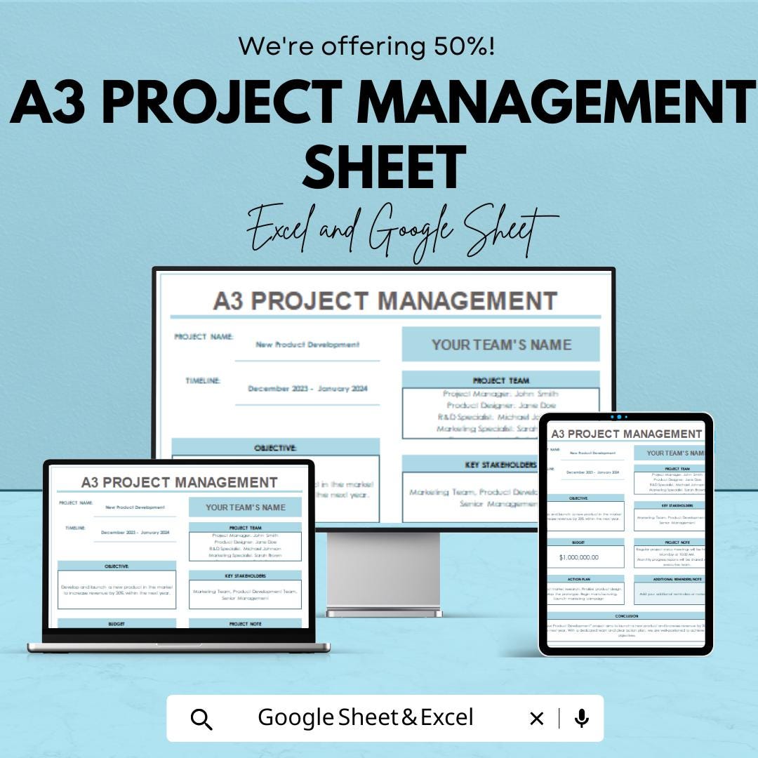 A3 Project Management Sheet | Excel & Google Sheet Template | Collaborative Project Planning | Customizable Template for Team Management