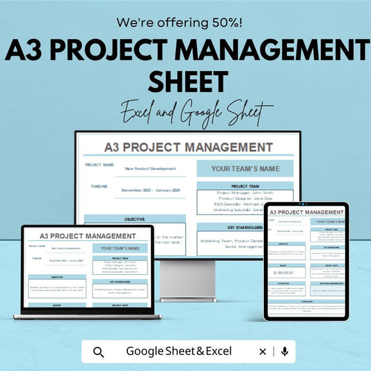 A3 Project Management Sheet | Excel & Google Sheet Template | Collaborative Project Planning | Customizable Template for Team Management