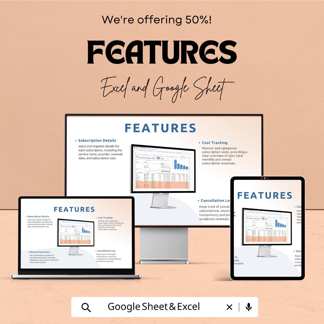 Subscription Tracker Sheet | Excel and Google Sheet | Subscription Management Template | Track Subscriptions & Costs | Budgeting Tool