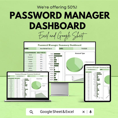 Password Manager Dashboard Excel and Google Sheet | Track Account Usage, Security Status & Password Health | Customizable Template