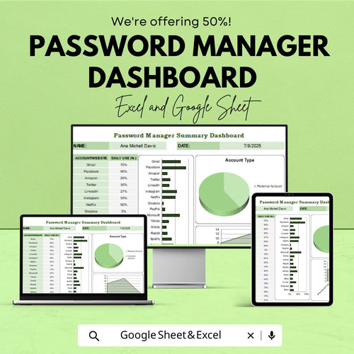 Password Manager Dashboard Excel and Google Sheet | Track Account Usage, Security Status & Password Health | Customizable Template