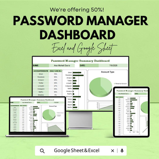 Password Manager Dashboard Excel and Google Sheet | Track Account Usage, Security Status & Password Health | Customizable Template