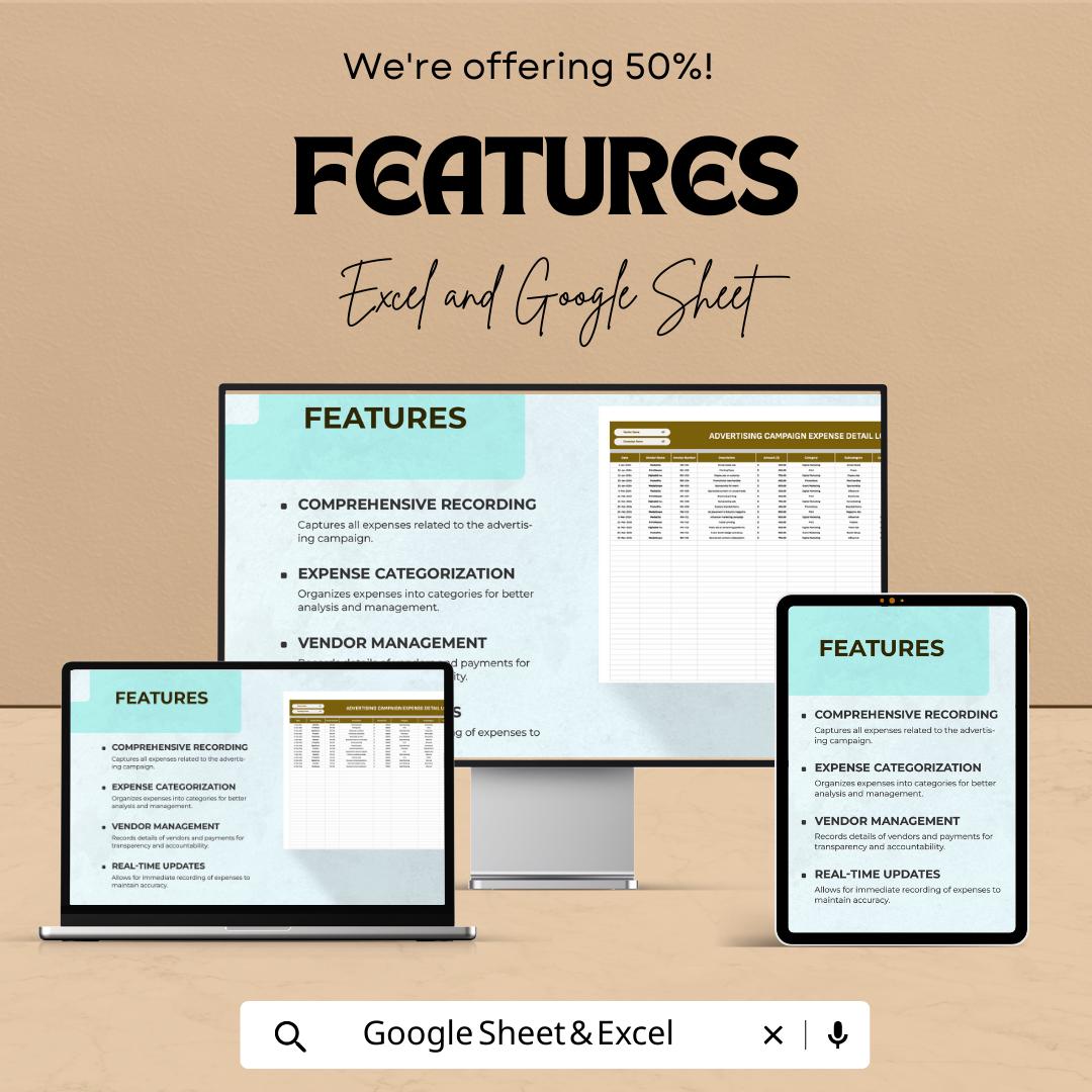 Advertising Campaign Expense Detail Log Template, Marketing Expense Tracker Excel, Ad Budget Spreadsheet,  Campaign Cost Tracker