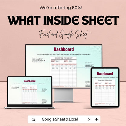 Employee Timesheet Template - Excel & Google Sheet, Time Tracking, Payroll Management, Overtime Calculation