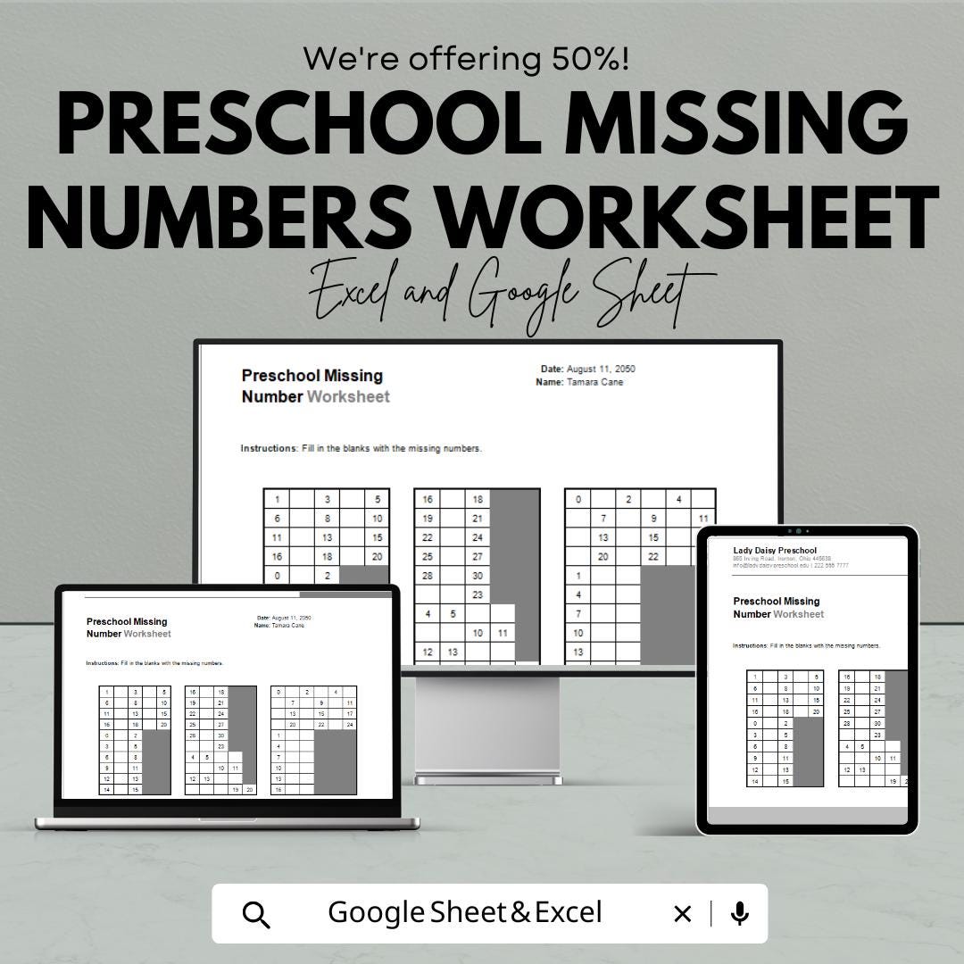 Preschool Missing Numbers Worksheet | Editable Google Sheets & Excel | Early Math Activity | Number Practice for Kids | Digital Download