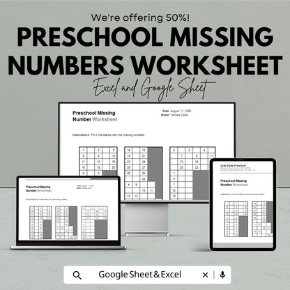 Preschool Missing Numbers Worksheet | Editable Google Sheets & Excel | Early Math Activity | Number Practice for Kids | Digital Download