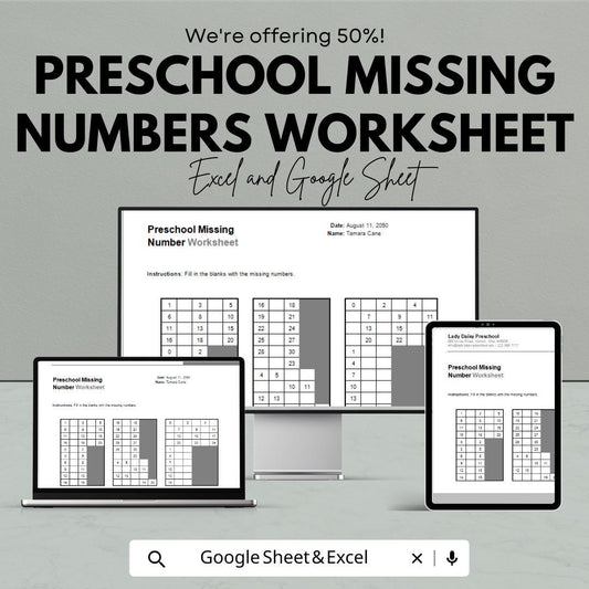 Preschool Missing Numbers Worksheet | Editable Google Sheets & Excel | Early Math Activity | Number Practice for Kids | Digital Download