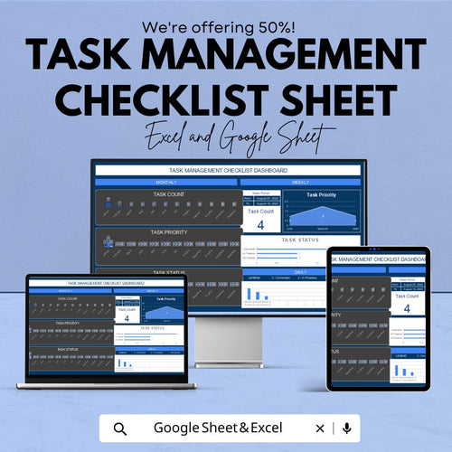 Task Management Checklist Spreadsheet | Excel & Google Sheets Dashboard | Daily Weekly Monthly Task Tracker | Digital Planner