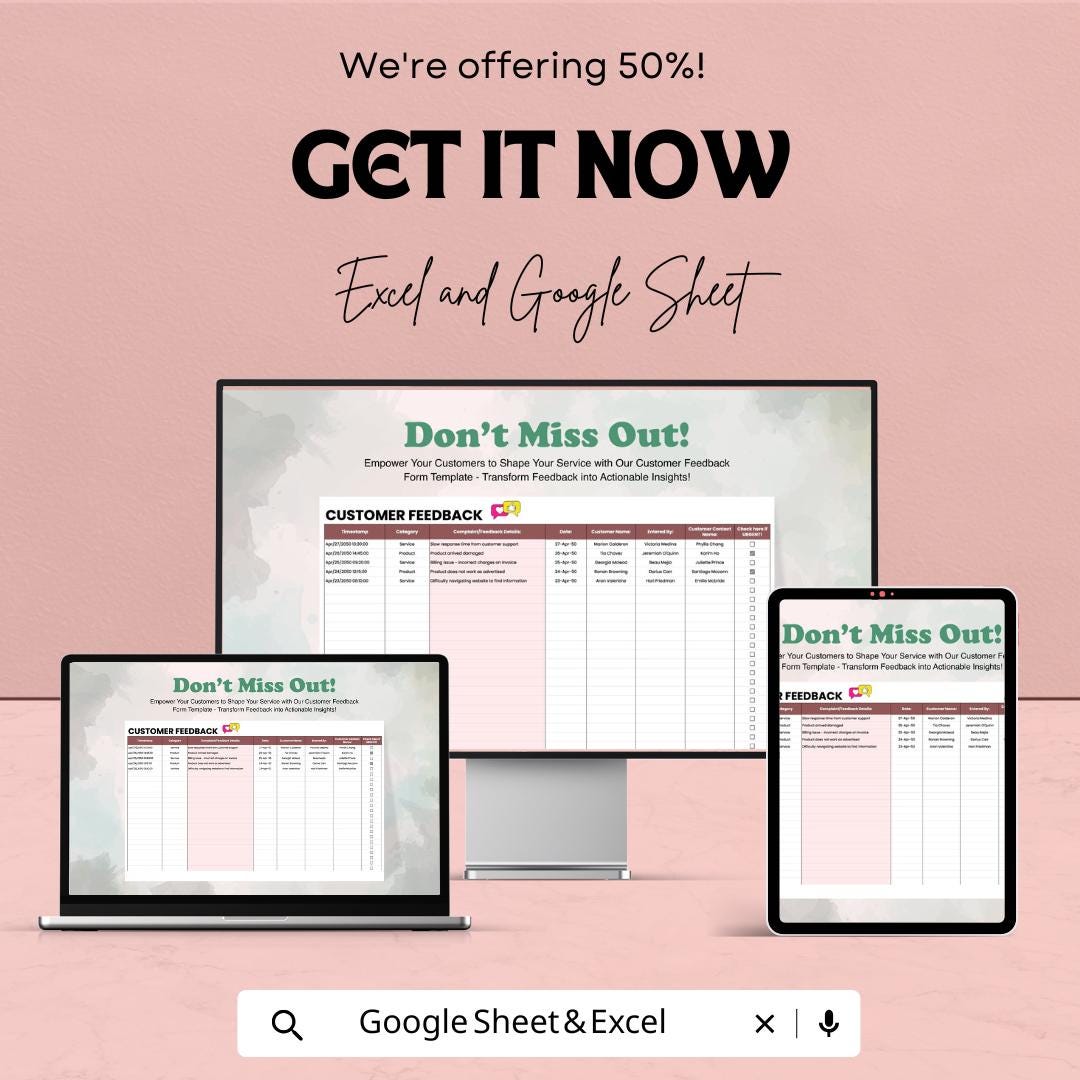 Customer Feedback Form Sheet | Excel & Google Sheet | Collect and.;lm  Analyze Feedback | 50% Off | Instant Download