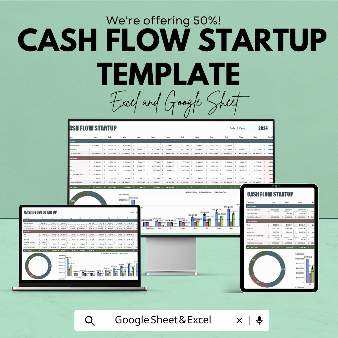 Cash Flow Startup Template | Excel & Google Sheets Business Finance Tracker | Startup Cash Flow Forecast | Income Expense Budget Planner