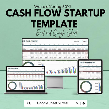 Cash Flow Startup Template | Excel & Google Sheets Business Finance Tracker | Startup Cash Flow Forecast | Income Expense Budget Planner
