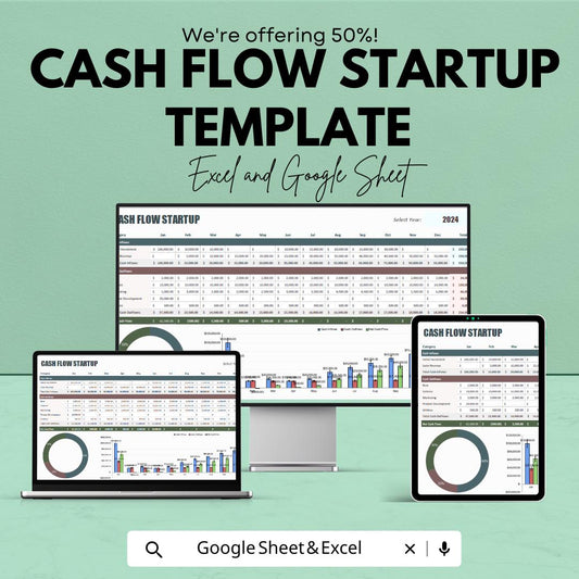 Cash Flow Startup Template | Excel & Google Sheets Business Finance Tracker | Startup Cash Flow Forecast | Income Expense Budget Planner