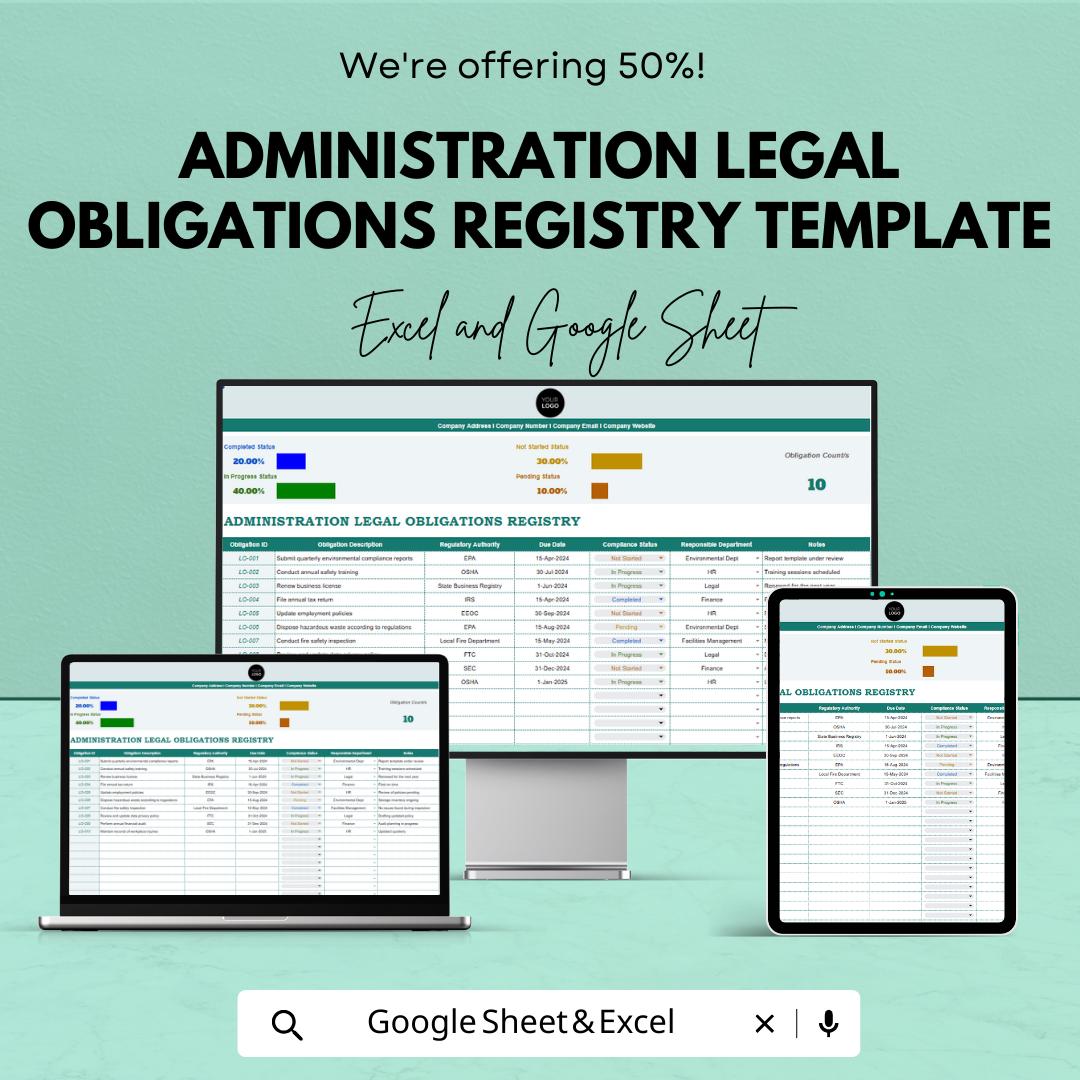 Administration Legal Obligations Registry Template | Compliance Tracker Spreadsheet | Legal Register Log | Business Compliance Template