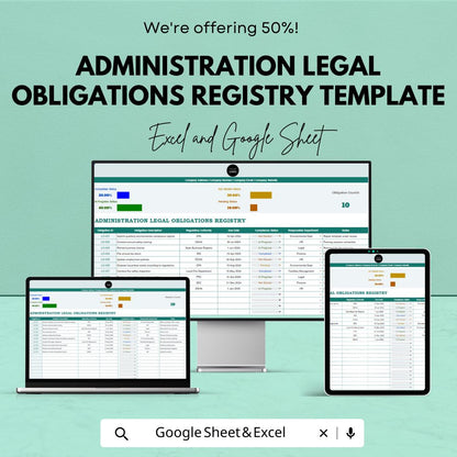 Administration Legal Obligations Registry Template | Compliance Tracker Spreadsheet | Legal Register Log | Business Compliance Template