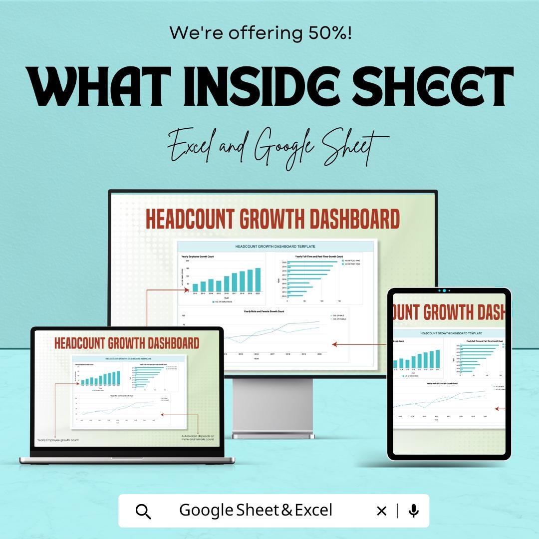 Headcount Growth Dashboard | Excel and Google Sheets Template for Employee Tracking | Workforce Growth & Gender Analysis